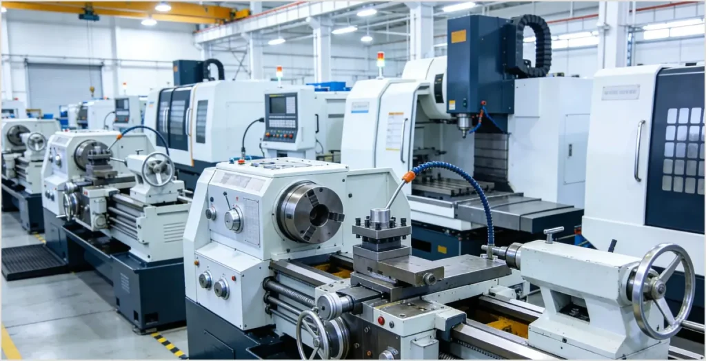 Rows of precision CNC lathes and milling machines in a modern factory used for manufacturing high-quality food processing machinery components.